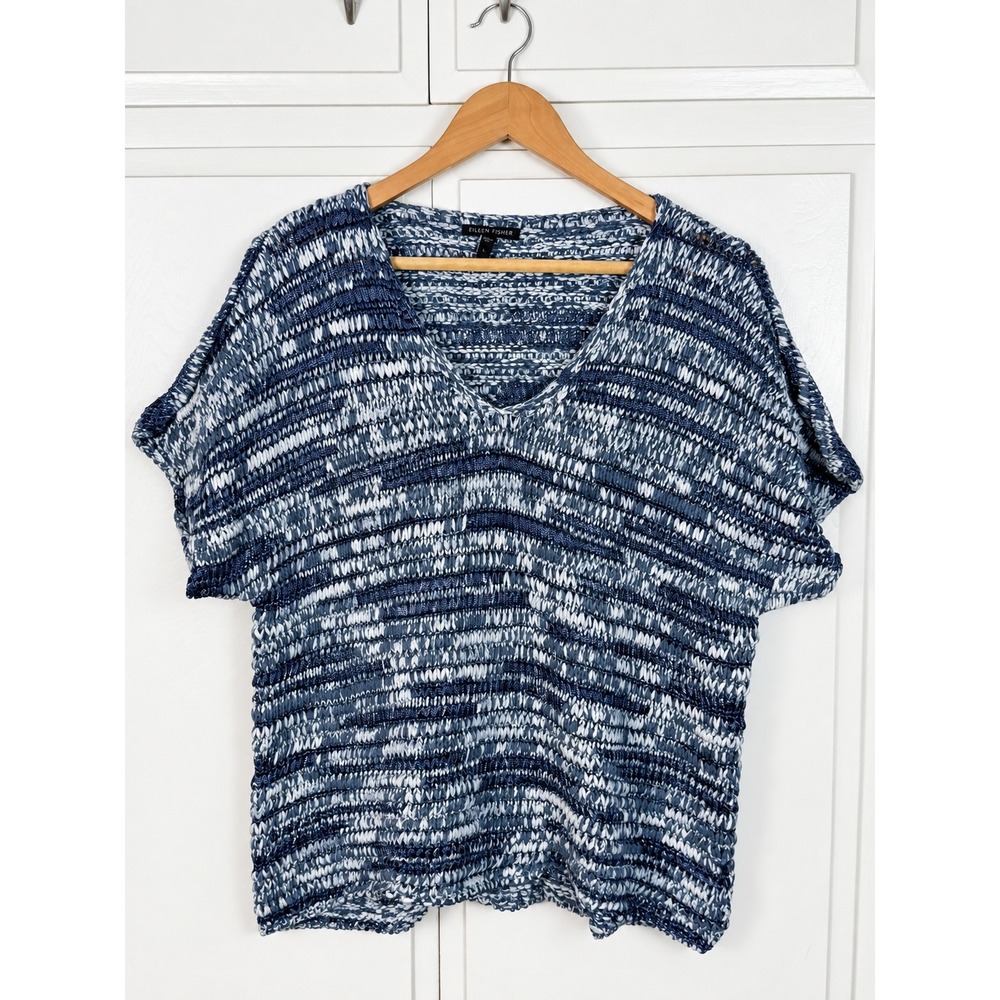 Eileen Fisher Blue White Space Dye V-Neck Knit Sweater Top Large Made in USA